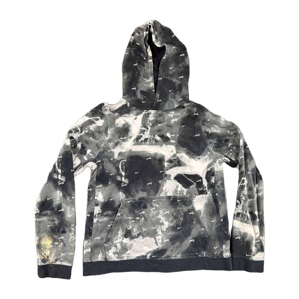 Nike Boys XL Black White Tie Dye Allover Swoosh Logo Fleece Pullover Hoodie